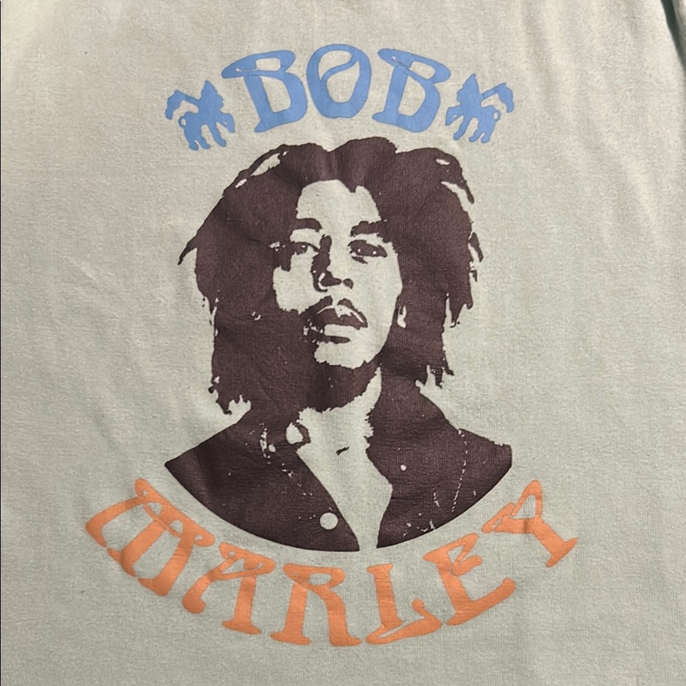 Zion Rootswear Bob Marley Graphic Crop Top - Light Gray, Blue & Orange Print